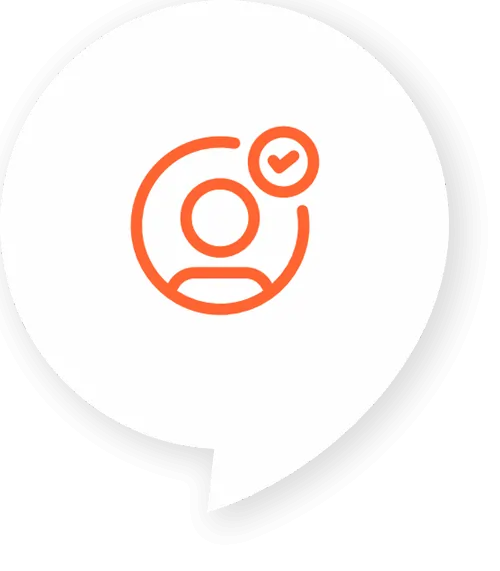 a white speech bubble with orange line and a person with a check mark