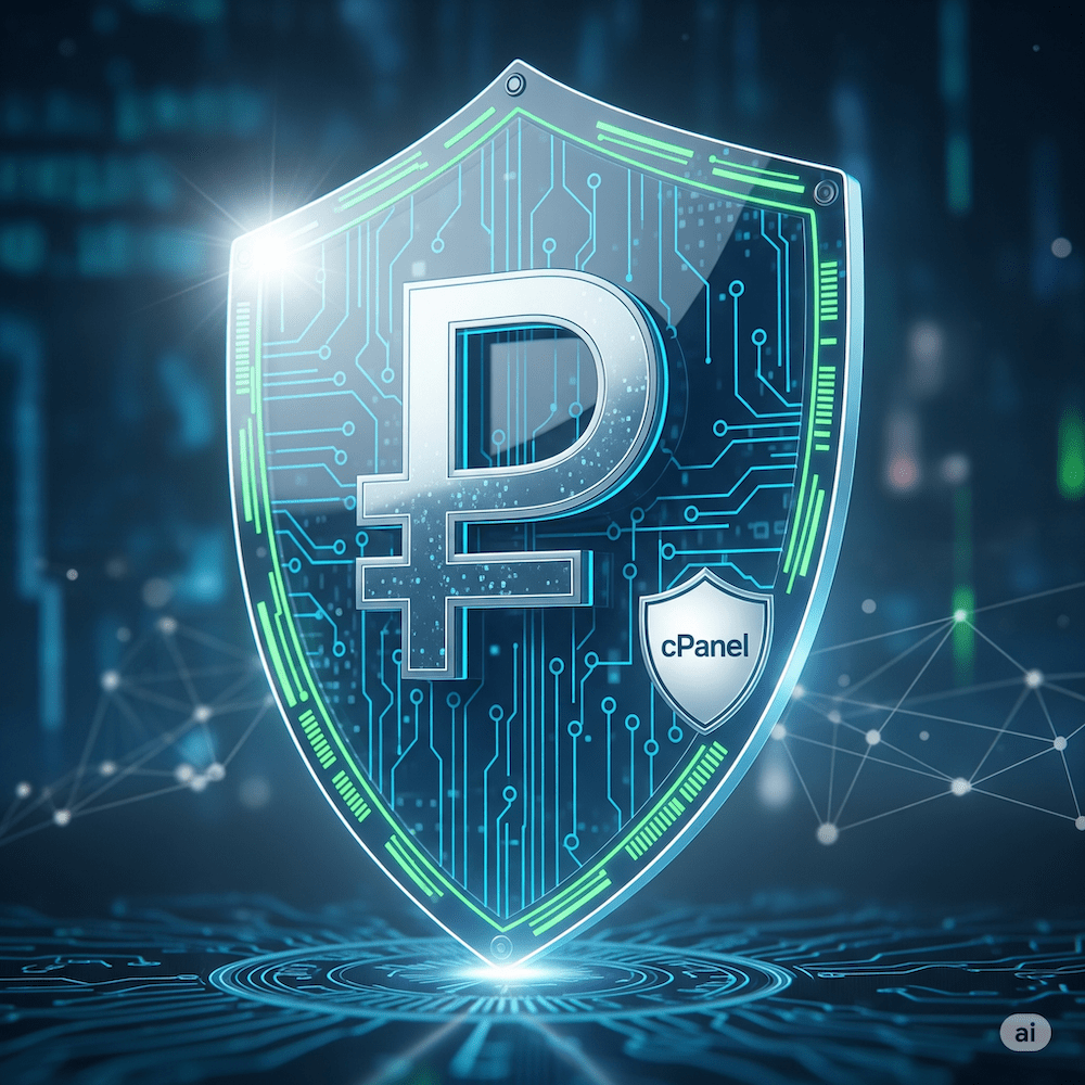 A conceptual image of a digital shield with a stylized Russian ruble currency symbol and a cPanel logo, representing affordability and security.