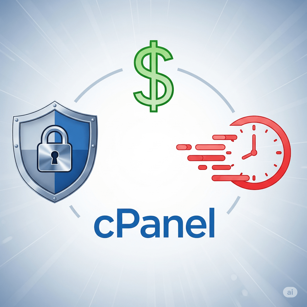cPanel लोगो का एक ग्राफिक, जिसके चारों ओर किफायती, सुरक्षा और गति के प्रतीक चिन्ह बने हुए हैं।.