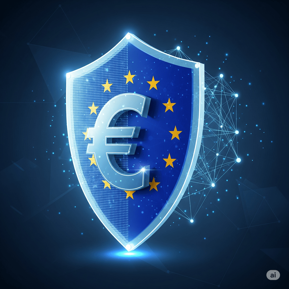 A digital shield with the EU flag and a euro currency symbol (€), representing GDPR compliance, security, and affordability.