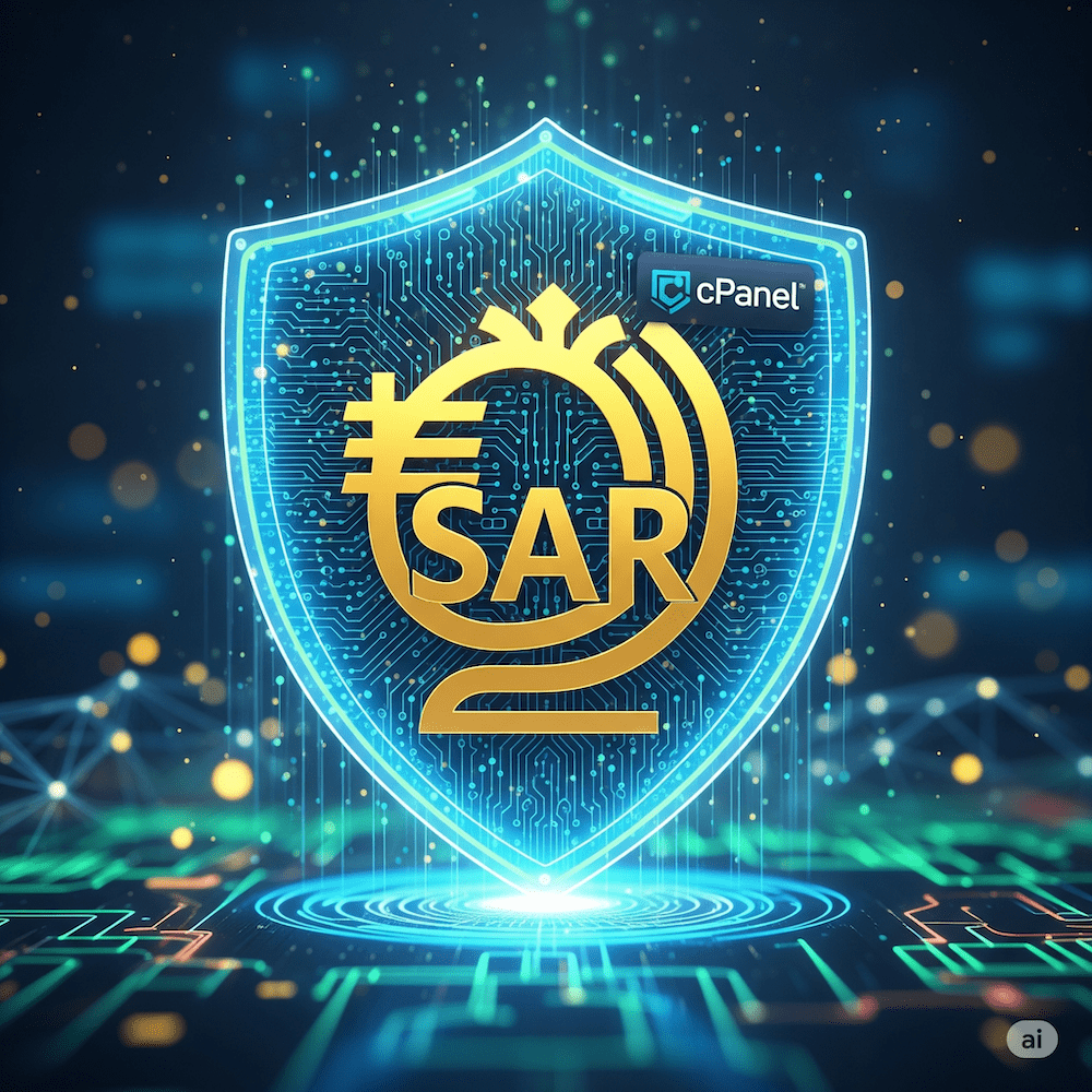 एक डिजिटल शील्ड की एक वैचारिक छवि जिसमें सऊदी रियाल मुद्रा का प्रतीक चिन्ह और एक cPanel लोगो है, जो सामर्थ्य और सुरक्षा का प्रतिनिधित्व करता है।.
