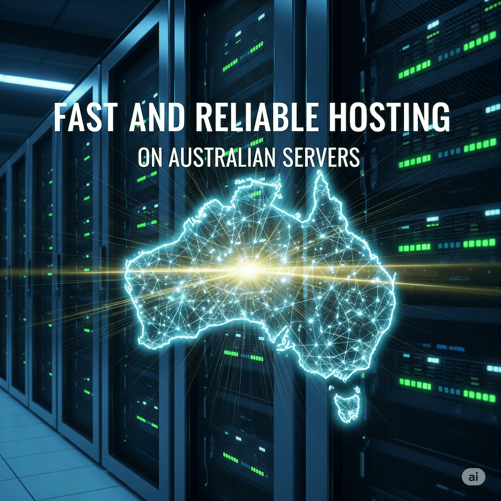 A data center with glowing servers and a stylized map of Australia, representing fast and reliable cPanel hosting on Australian servers.