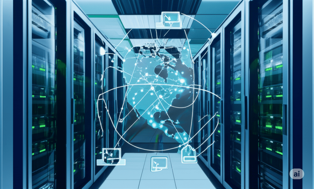 Network connections spanning across a map of Canada, set against a backdrop of data servers, illustrating low-cost, high-performance cPanel hosting across Canada.