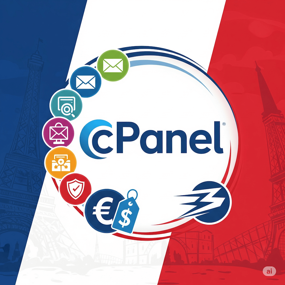 A graphic of the cPanel logo surrounded by icons for features, affordability, and speed for a comprehensive hosting solution.