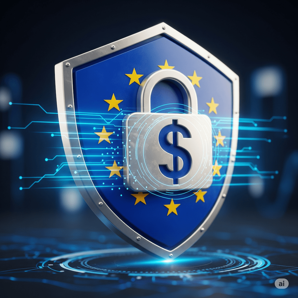 डेटा सुरक्षा और GDPR अनुपालन का प्रतिनिधित्व करने वाले यूरोपीय संघ के ध्वज और ताले के प्रतीक वाला एक डिजिटल शील्ड, जिसमें सामर्थ्य के लिए एक सूक्ष्म मुद्रा प्रतीक भी शामिल है।.