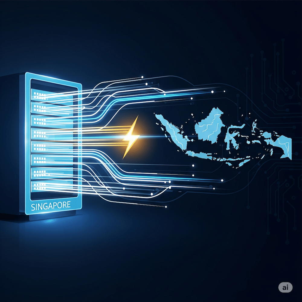 सिंगापुर में स्थित एक सर्वर रैक का ग्राफिक चित्रण, जो डेटा लाइनों के माध्यम से इंडोनेशिया के मानचित्र से जुड़ा हुआ है, जिसमें बिजली के बोल्ट का प्रतीक तेज गति और कम विलंबता को दर्शाता है।.