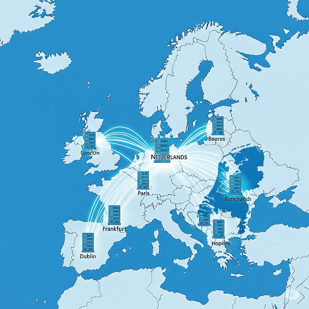 An illustrative map of Europe showing glowing data streams flowing from various data centers to the Netherlands, emphasizing low latency and high speed.
