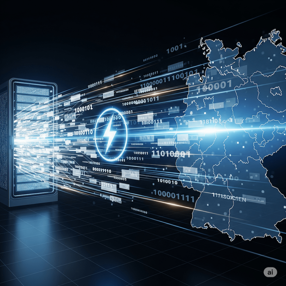 डेटा पैकेटों के साथ जर्मनी के मानचित्र से जुड़े सर्वर रैक का एक ग्राफिक, जो हाई-स्पीड होस्टिंग को दर्शाता है।.