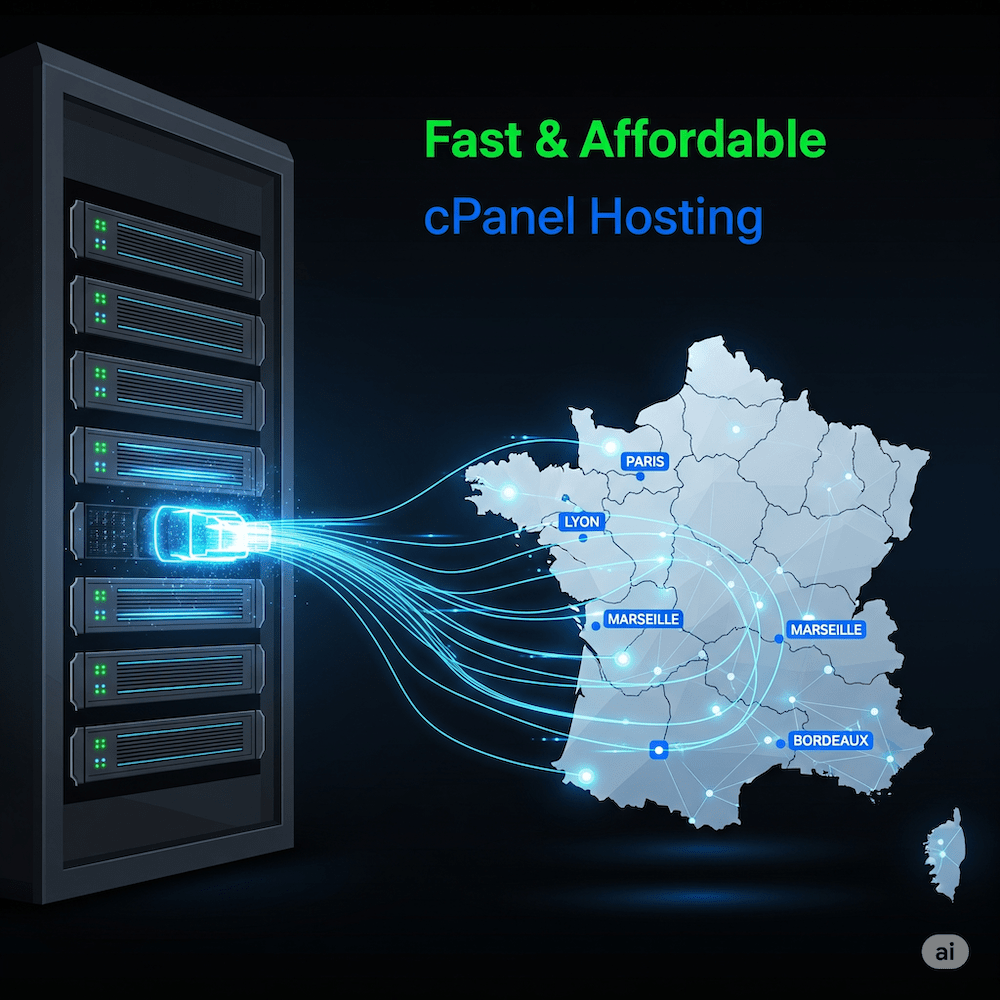 A graphic of a server rack connected to a map of France, representing fast and cheap cPanel hosting.