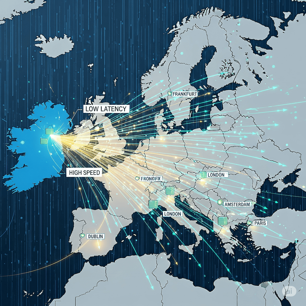 यूरोप का एक उदाहरण मानचित्र जिसमें आयरलैंड की ओर अभिसरित होती हुई चमकती हुई डेटा धाराएँ दिखाई गई हैं, जो उच्च गति, कम विलंबता वाली होस्टिंग का प्रतीक है।.